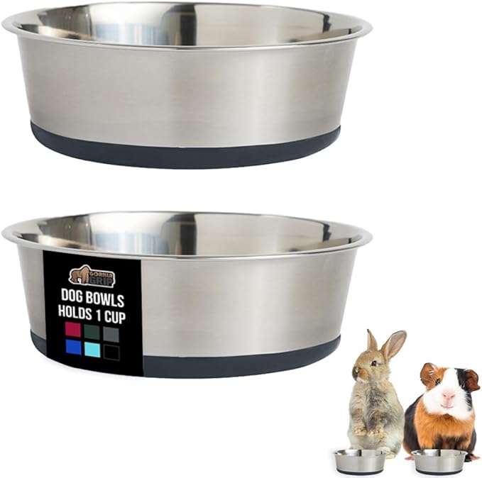 GORILLA GRIP Dog Bowls, Holds 1 Cup Each (8 fl oz), Heavy Duty Stainless Steel Food and Water Bowl for Feeding Dogs and Cats, Dishwasher Safe, Rust Resistant Metal, BPA Free Rubber Base, Set of 2 Gray