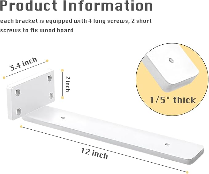 4 Pack Shelf Brackets White 12 Inch Floating Shelf Bracket 1/5 inch Thick Heavy Duty Hidden Shelf Brackets Iron Metal Brackets for Shelf Support with Screw Included