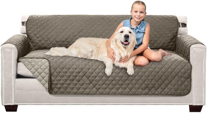 Sofa Shield Couch Slip Cover with Patented Strap, Cushion Protector, US Designed Reversible Stain and Dog Tear Resistant Slipcover, 70 inch Seat, Washable Covers for Dogs Pets, Latte Linen