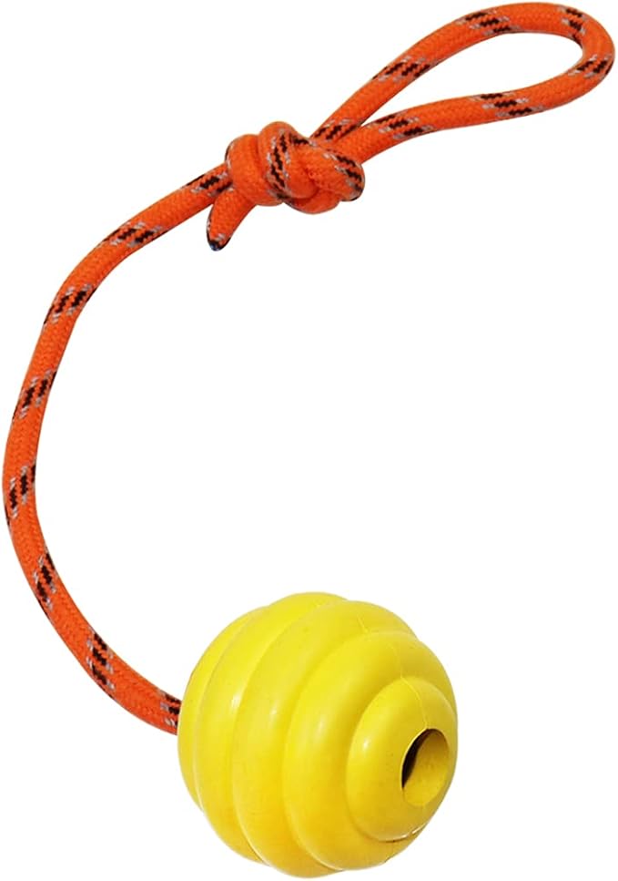 K9 Training Ball with Rope, Exercise and Reward Toy for Dogs - Indestructible Dog Toy Ball with Handle for Training Pull, Throw, Tug - Belgian Malinois Gifts (Yellow)