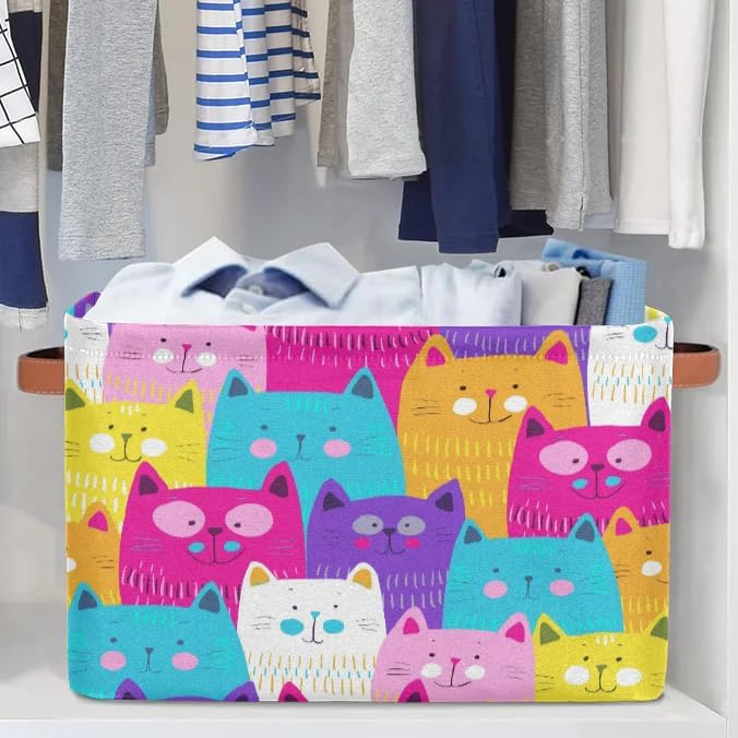Cute Cats Colorful Storage Bins Cubes Collapsible Fabric Storage Baskets Toy Organizer with Handles for Book Office Shelf Shelves