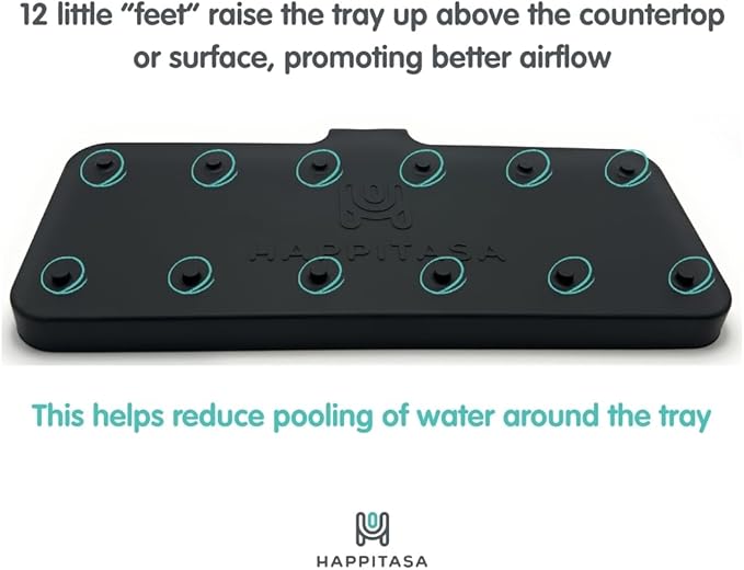 Happitasa Silicone Soap Dish Tray and Sponge Holder with Drain Chute and Feet | 3-Way Sloped Design | Bathroom and Kitchen Sink Organizer Caddy (Grey, 10"x4")