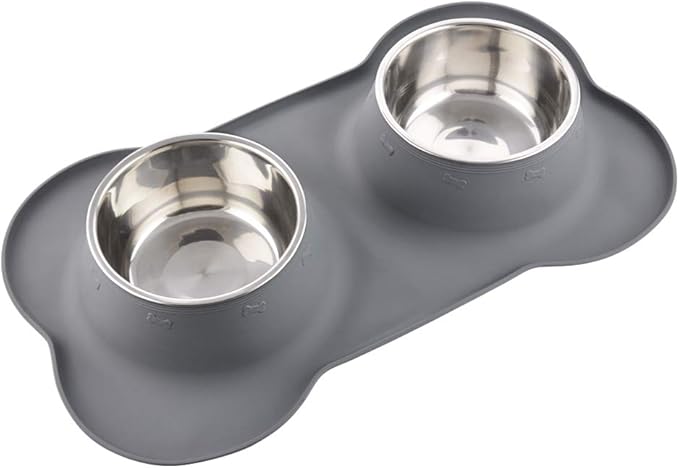 Dog Bowls with Mat, Cat Water Food Bowl Set (13.5oz Each) in No Spill Silicone Mat, Dual Pet Feeder Bowl for Puppy, Cats, Small Medium Dogs (Bone Shape, Grey)