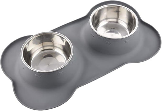 Dog Bowls with Mat, Cat Water Food Bowl Set (13.5oz Each) in No Spill Silicone Mat, Dual Pet Feeder Bowl for Puppy, Cats, Small Medium Dogs (Bone Shape, Grey)