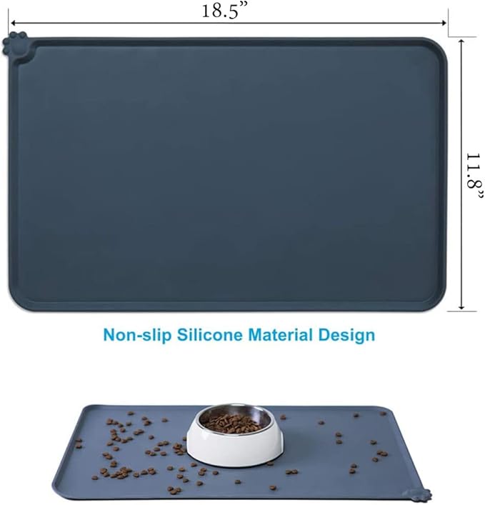 Silicone Dog Cat Bowl Mat，Waterproof Slip Resistant Silicone Pet Feeding Mat，Anti-Slip Pet Bowl Mats Cats and Dogs Food Water Placemat Tray，Raised Edges to Prevent Water Spills on Floor (Grey)