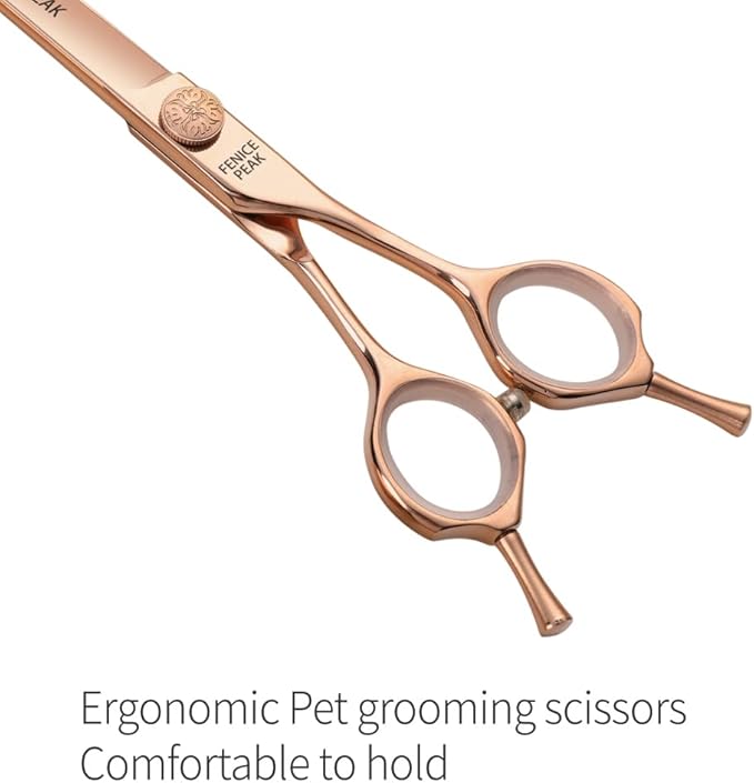 Fenice Peak Curved Dog Grooming Scissors Champagne Gold 440C Stainless Steel Professional Pet Cutting Shears Safety Trimming Shearing for Dogs and Cats