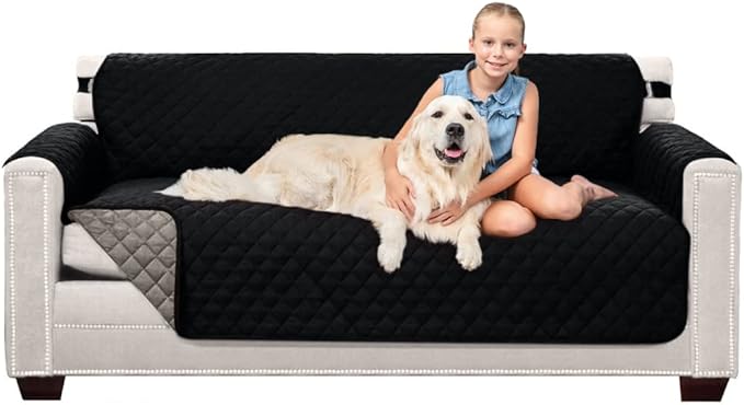 Sofa Shield Couch Slip Cover with Patented Strap, Cushion Protector, US Designed Reversible Stain and Dog Tear Resistant Slipcover, 70 inch Seat, Washable Covers for Dogs Pets, Black Gray