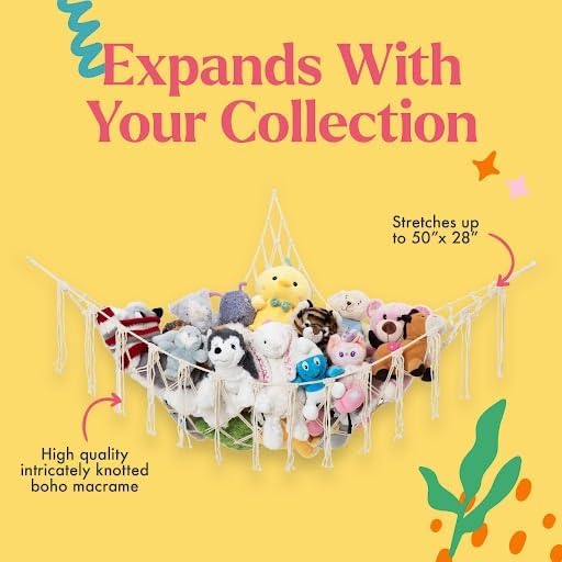 Lilly's Love Stuffed Animal Storage Macrame Hammock, Large - Boho Room Decor Toy Storage - Corner Hanging Plushie Stuffed Animal Net Organizer (Grey)