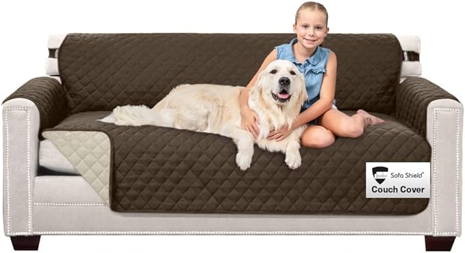 Sofa Shield Couch Slip Cover with Patented Strap, Cushion Protector, US Designed Reversible Stain and Dog Tear Resistant Slipcover, 70 inch Seat, Washable Covers for Dogs Pets, Chocolate Beige