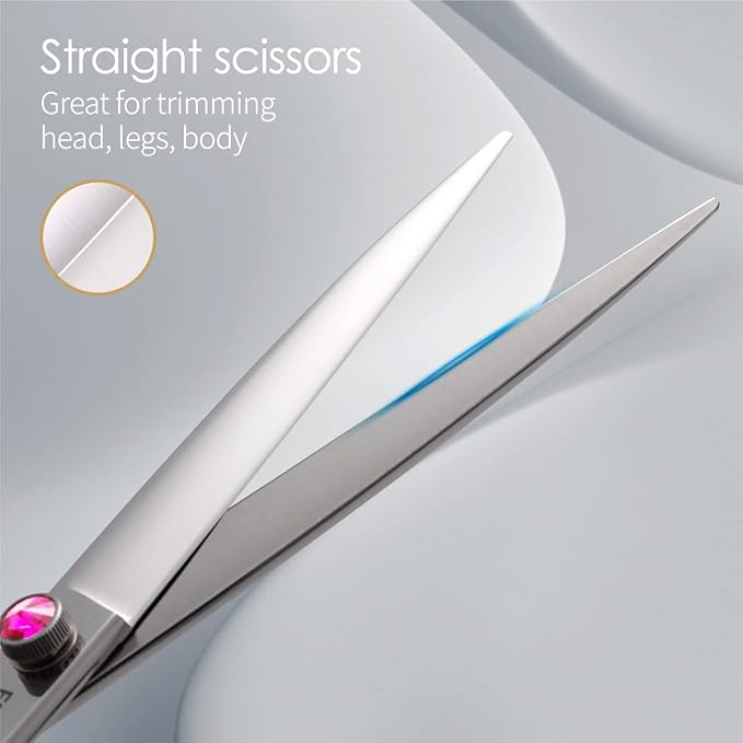 Dog Grooming Scissors Kit 8 in Professional Curved Thinning Straight Chunker Shears and Comb 5pcs Set for Grooming Big Dogs Poodle Pet Japan 440C Stainless Steel(8.0'',Kit)