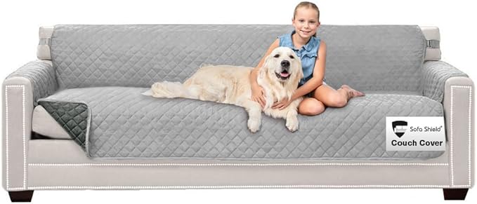 Sofa Shield Couch Slip Cover with Patented Strap, Cushion Protector, US Designed Reversible Stain and Dog Tear Resistant Slipcover, 88 inch Seat, Washable Covers for Dogs Pets Light Gray Charcoal