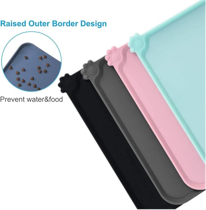 Silicone Dog Cat Bowl Mat，Waterproof Slip Resistant Silicone Pet Feeding Mat，Anti-Slip Pet Bowl Mats Cats and Dogs Food Water Placemat Tray，Raised Edges to Prevent Water Spills on Floor (Blue)