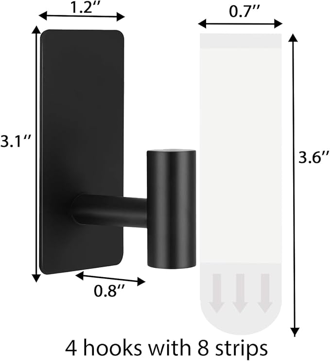 4 Pcs Towel Hooks Heavy Duty for Hanging，Adhesive Wall Hooks with Removable Strips，Sticky No Damage，Outdoor for Bathrooms，Shower，Stockings，Decor，Robe，Large，Black 304 Stainless Steel