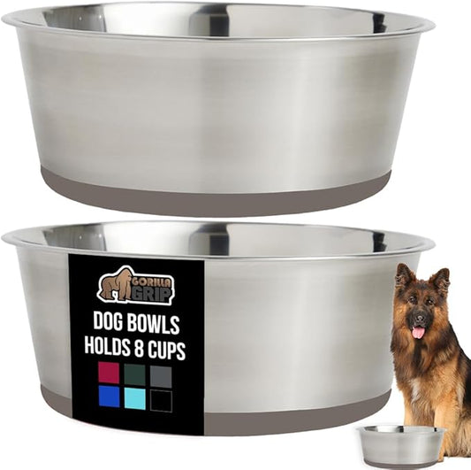 GORILLA GRIP Set of 2 Dog Bowls, Holds 8 Cups (64 fl oz), Heavy Duty Metal Food and Water Bowl for Feeding Dogs and Cats, Dishwasher Safe, Rust Resistant Stainless Steel, BPA Free Rubber Base, Beige