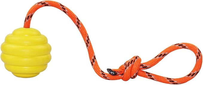 K9 Training Ball with Rope, Exercise and Reward Toy for Dogs - Indestructible Dog Toy Ball with Handle for Training Pull, Throw, Tug - Belgian Malinois Gifts (Yellow)