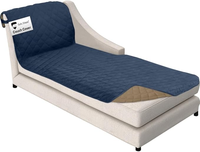 Sofa Shield Chaise Slip Cover with Patented Strap, Cushion Protector, US Designed Reversible Stain and Dog Tear Resistant Slipcover, 102x34 inch Seat, Washable Covers for Dogs Pets, Navy Sand