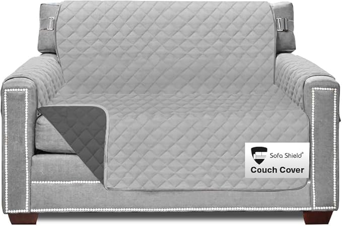 Sofa Shield Couch Armchair Covers for Dogs, Reversible Furniture Protector with Strap, Stain and Tear Resistant Cushion Cover, 48 inch Seat, Machine Washable Slipcover Pets, Cats, Light Gray Charcoal