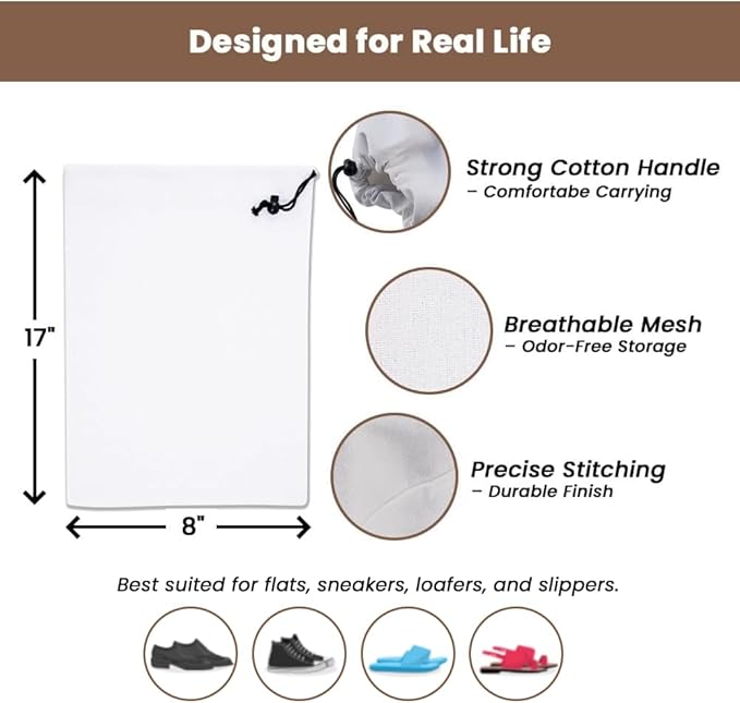 LFH Cotton Rich Shoe Storage Bags with Drawstring, Dustproof Breathable Reusable Organizer, Perfect For Travel, Dorm, Hotel, College, Gym, Easy to Carry, Machine Washable 8"x17" (Pack of 6) - White