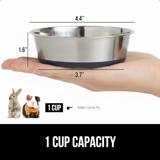 GORILLA GRIP Dog Bowls, Holds 1 Cup Each (8 fl oz), Heavy Duty Stainless Steel Food and Water Bowl for Feeding Dogs and Cats, Dishwasher Safe, Rust Resistant Metal, BPA Free Rubber Base, Set of 2 Gray