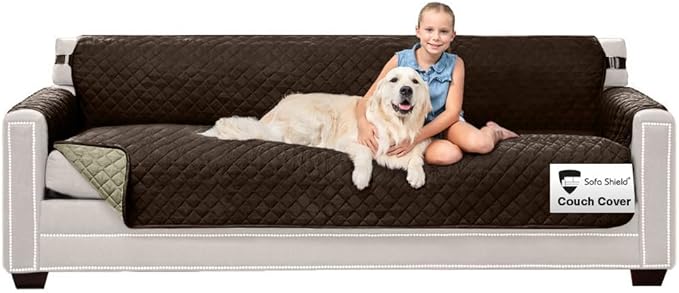 Sofa Shield Couch Slip Covers for Dogs, Reversible Furniture Protector with Strap, Stain and Tear Resistant Cushion Cover, 88 inch Seat, Machine Washable Slipcover Pets, Cats, Chocolate Beige