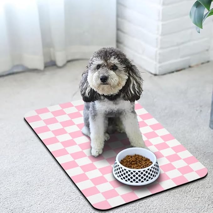 Dog Food Mats for Floors Waterproof, Pet Water Bowl Mats Pet Feeding Absorbent Placemats Plaid 17 * 30 inch