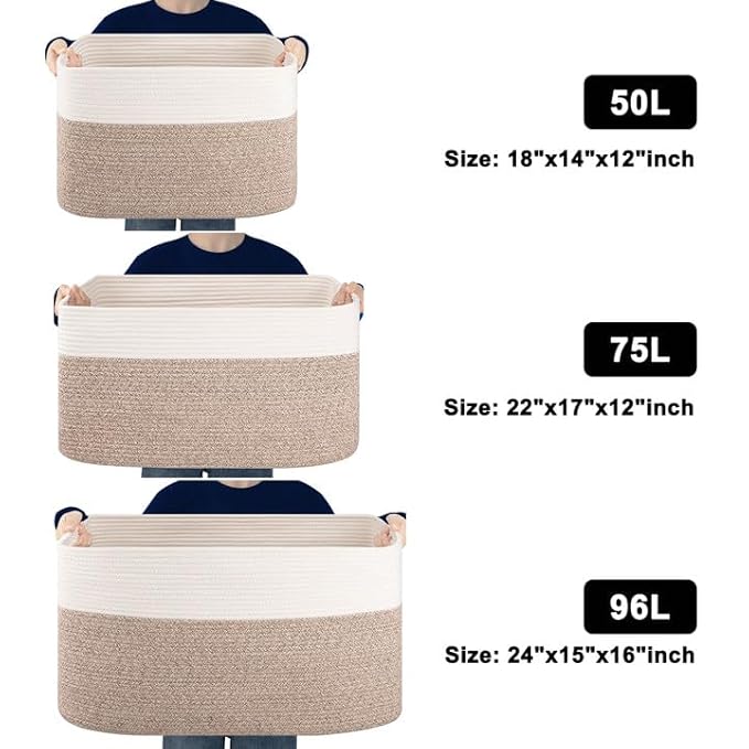 SIXDOVE 75L Large Blanket Basket, Toy Basket Bin for Kids, Cotton Rope Woven Storage Basket for Living Room, Nursery, Baby Room Decorative Organizer, 22''×17''×12'', Brown and White