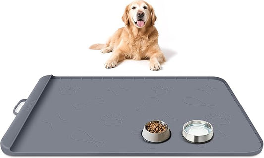 Dog Food Mat with Collection Pocket, 42''x28'' Extra Large Silicone Pet Feeding Mat for Food and Water, Waterproof Anti-Slip Dog Mat with Edge and Handle, Pet Placement for Floor (Dark Grey)