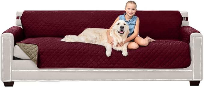 Sofa Shield Couch Slip Covers for Dogs, Reversible Furniture Protector with Strap, Stain and Tear Resistant Cushion Cover, 88 inch Seat, Machine Washable Slipcover Pets, Cats, Burgundy Tan