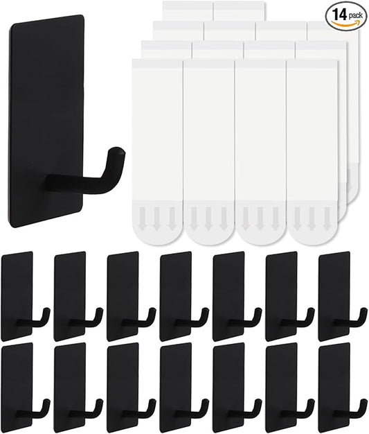 14 Pcs Towel Hooks with Removable Strips for Hanging, Adhesive Wall Heavy Duty, Outdoor No Damage, Sticky Hook for Bathrooms, Shower, Stockings, Decor, Robe, Small, Black 304 Stainless Steel