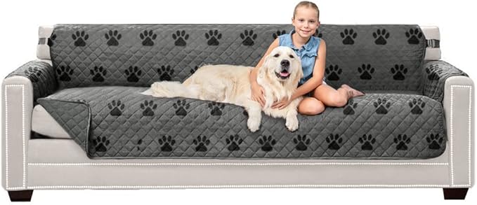 Sofa Shield Couch Slip Cover with Patented Strap, Cushion Protector, US Designed Reversible Stain and Dog Tear Resistant Slipcover, 88 inch Seat, Washable Covers for Dogs Pets, Gray Black