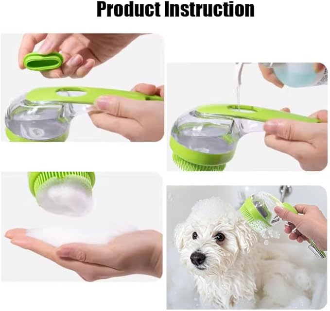 Pet Bath Brush with Shampoo Dispenser - Silicone Massage Grooming Tool for Cats & Dogs, Long Handle Dog Cat Bath Brush for Wet/Dry Use Green (ABS + Food-Grade Silicone, 7.5")