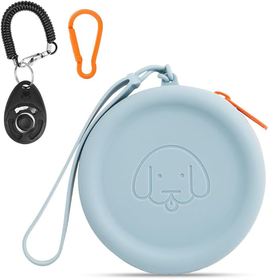 WALLFID Silicone Dog Treat Pouch Small Bag,with Pet Training Clicker,Walking Bag for Dog and Cat, Pocket Size, Easy to Clean, Odorless, Zipper Design,Moisture-Proof,Travel Walking Bag.(Sky Blue)
