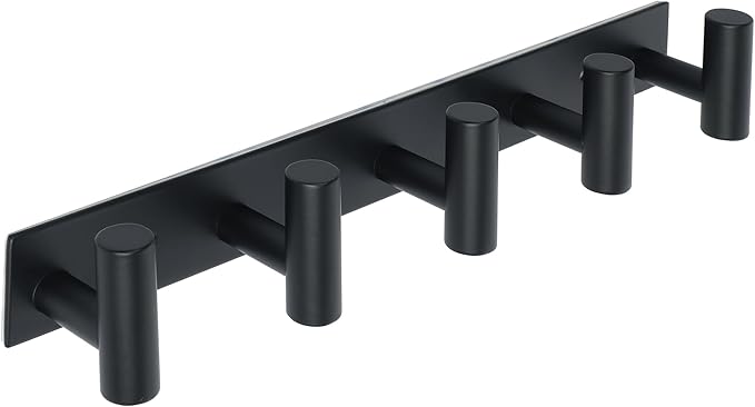 Alise Black Towel Hooks Towel Robe Coat Hook Rail with 5 Hooks Wall Mount Key Hooks for Coat Hat Towel Purse Robes Mudroom Bathroom,SUS304 Stainless Steel Wall Hooks Self Adhesive and Drilling
