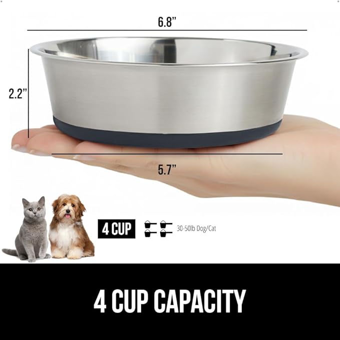 GORILLA GRIP Dog Bowls, Holds 4 Cups Each (32 fl oz), Heavy Duty Stainless Steel Food and Water Bowl for Feeding Dogs and Cats, Dishwasher Safe, Rust Resistant, BPA Free Rubber Base, Set of 2 Gray