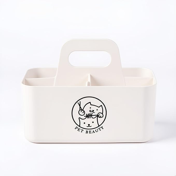 Morezi Dog grooming basket box bin in plastic small organier storage great for holding puppy cats combs shampoo brushes scissors grooming stuff in bathroom closet