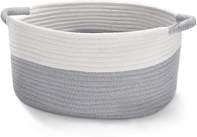 Large Cotton Rope Storage Basket with Handles, Hamper, Laundry Basket, 20 "L x 14" W x 12 "H, Home Decor for Storage Blanket &Toy, etc .(White & Gray）