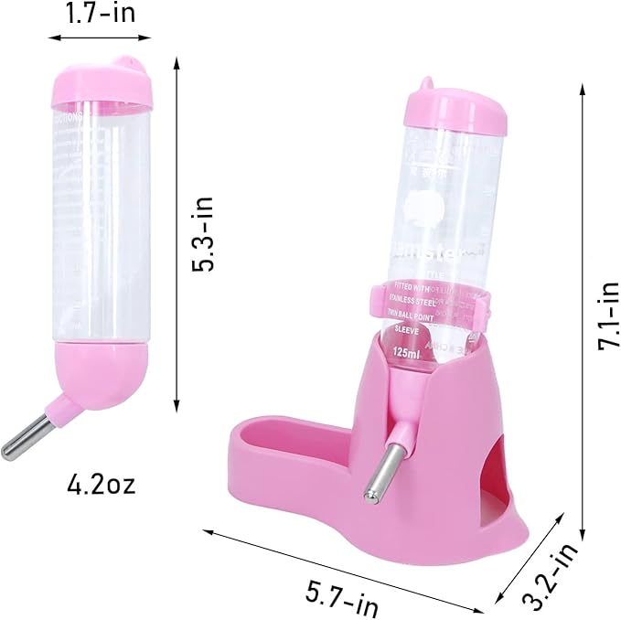 Wontee 3 in 1 Hamster Water Bottle Small Pet Automatic Water Dispenser with Food Container Base Hideout for Dwarf Hamster Mice Gerbils, 2 Pack (Pink, 125ML)