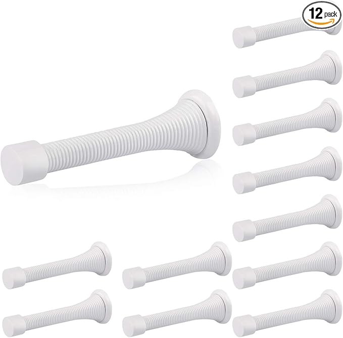 HOMOTEK 12 Pack Spring Door Stops,3-1/8” Heavy Duty Door Stop - Flexible Spring Door Stopper with Low Mounted White Rubber Bumper Tips, White