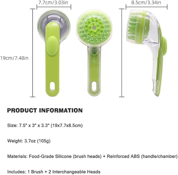 Pet Bath Brush with Shampoo Dispenser - Silicone Massage Grooming Tool for Cats & Dogs, Long Handle Dog Cat Bath Brush for Wet/Dry Use Green (ABS + Food-Grade Silicone, 7.5")