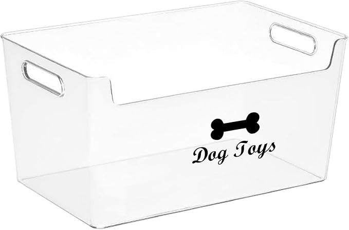 Dog Toy Basket with Handle - Clear Plastic Waterproof Dog Storage Organizer for Toys, Blankets, Leashes, Treats & Grooming Supplies - 1Pack