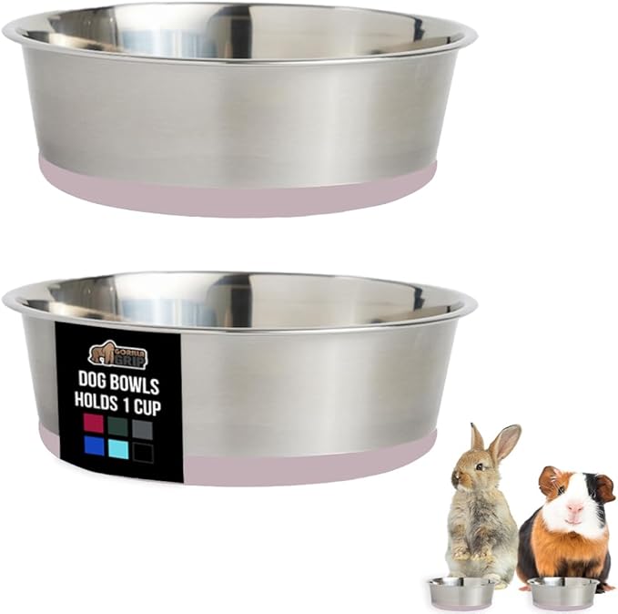 GORILLA GRIP Dog Bowls, Holds 1 Cup Each (8 fl oz), Heavy Duty Stainless Steel Food and Water Bowl for Feeding Dogs and Cats, Dishwasher Safe, Rust Resistant Metal, BPA Free Rubber Base, Set of 2 Pink