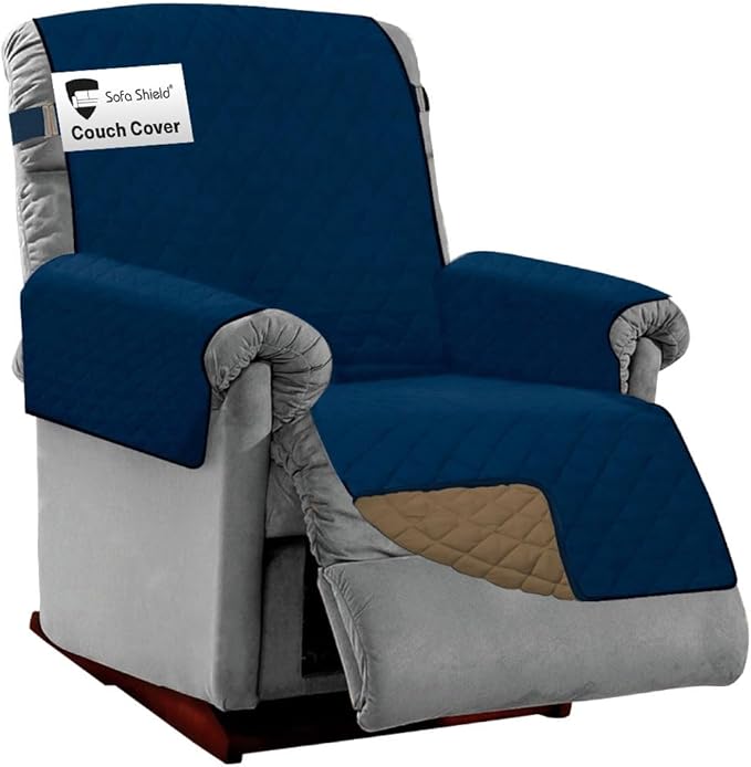 Sofa Shield Recliner Slip Cover with Patented Strap, Cushion Protector, US Designed Reversible Stain and Dog Tear Resistant Slipcover, 28 inch Seat, Washable Covers for Dogs Pets, Navy Sand