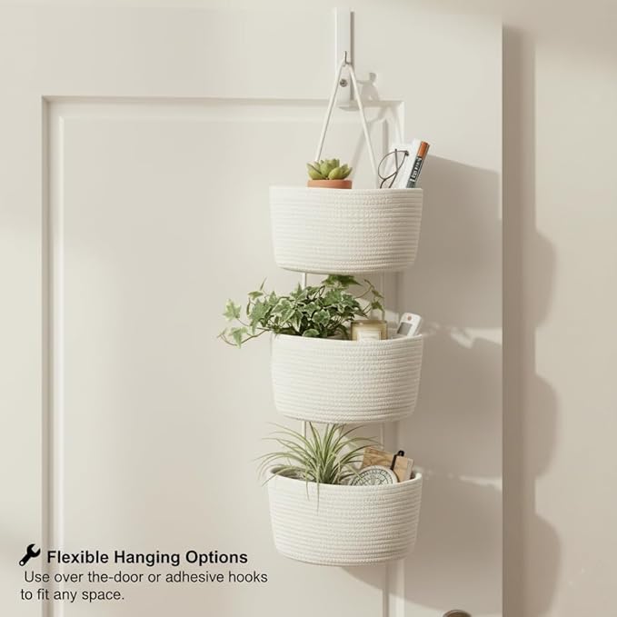 Over the Door Hanging Basket, Decorative Hanging Basket Storage, Organizing, Wall Basket Decorative Boho Decor for Nursery, Bedroom, Living Room with 4 Hooks, Whte