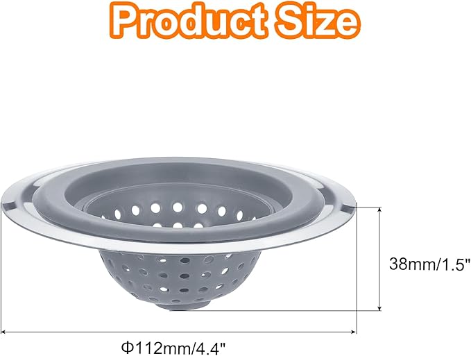 uxcell Silicone Sink Strainer, 2Pcs Kitchen Sink Drain Strainer Stopper with Detachable Stainless Steel Edge 4.4" Diameter Rim, Grey