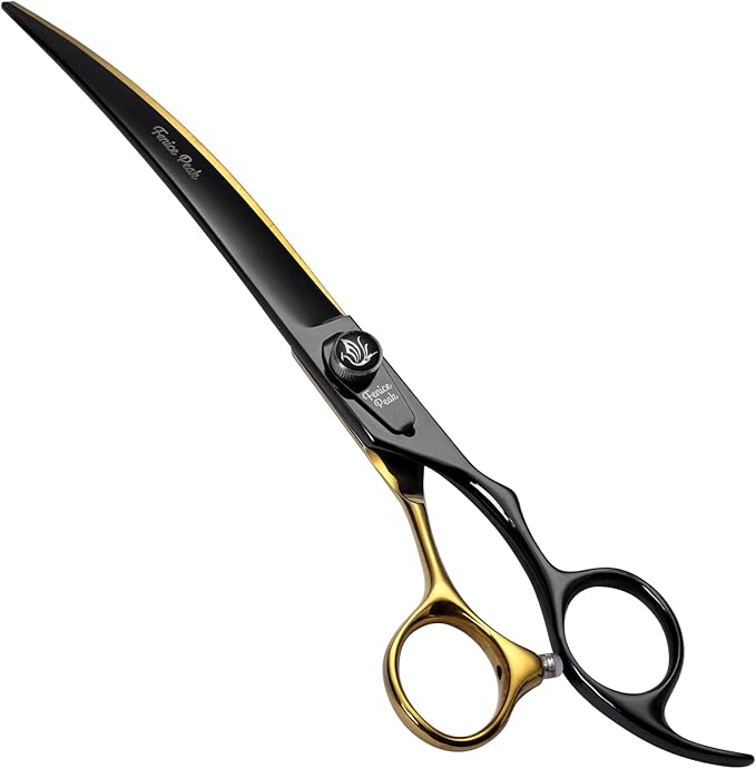 Fenice Peak 8'' Black Dog Grooming Scissors Goldern Curved Scissors with Ergonomic Offest Handle and Pattern Screw Pet Grooming Trimming Shears Durable and Sharp 440C