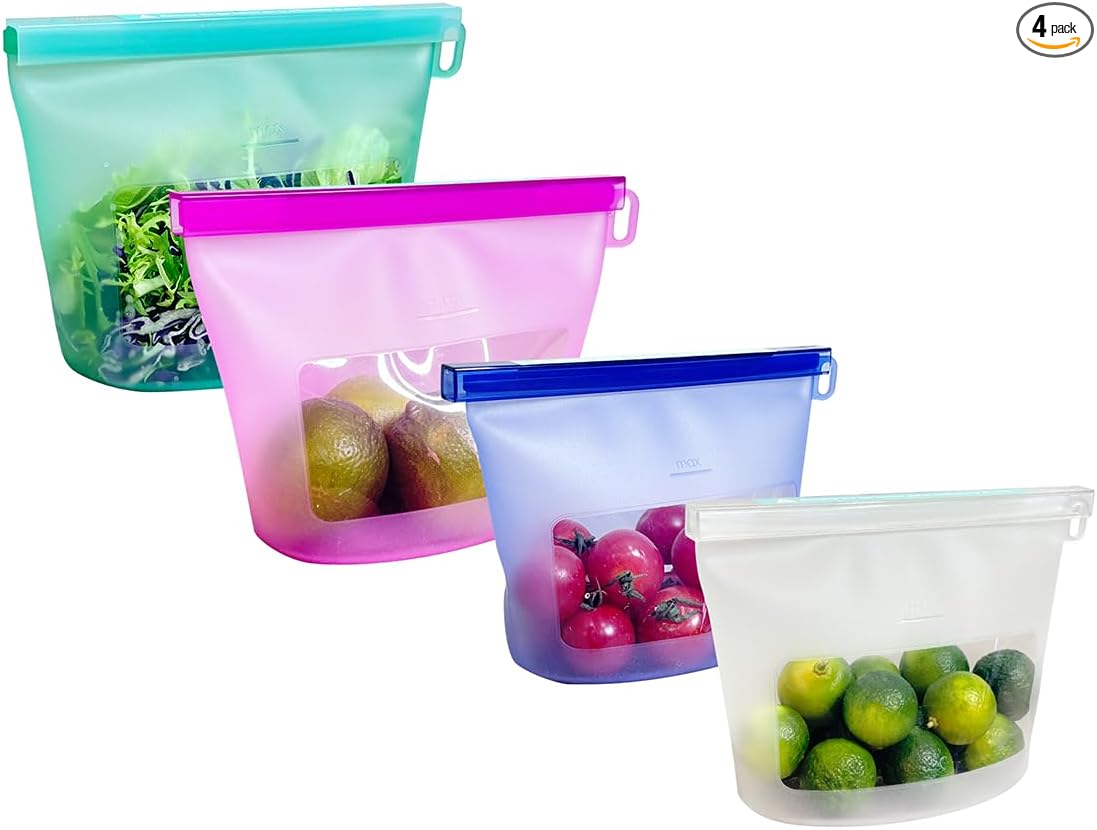 Reusable Premium Silicone Food Storage Bags 4 Pack with 2 Snack and 2 Sandwich Bags, Multi-Use & Sous Vide Stand-Up Pouches for Soup and Leftovers, Microwave, Dishwasher and Freezer Safe, BPA Free
