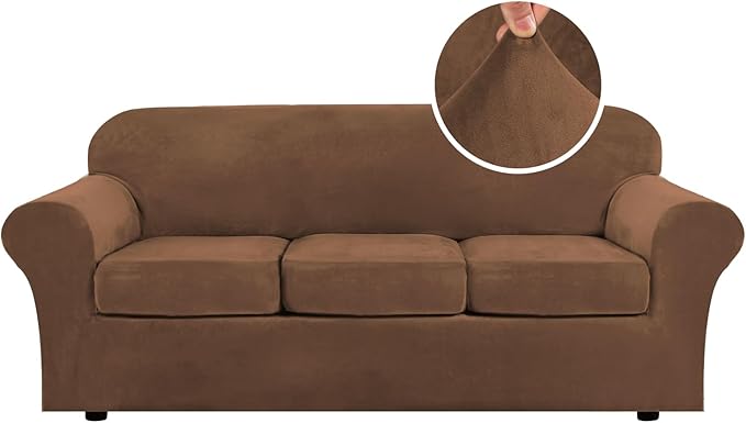 H.VERSAILTEX Modern Velvet Plush 4 Piece High Stretch Sofa Slipcover Sofa Cover Furniture Protector Form Fit Luxury Thick Velvet Sofa Cover for 3 Cushion Couch Width Up to 90 Inch (Sofa, Caramel)