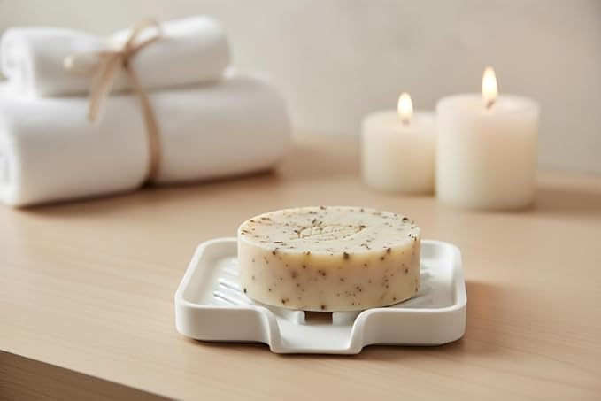 Happitasa Silicone Soap Dish Tray and Sponge Holder with Drain Chute and Feet | 3-Way Sloped Design | Bathroom and Kitchen Sink Organizer Caddy (Smoky Blue, 5"x4")