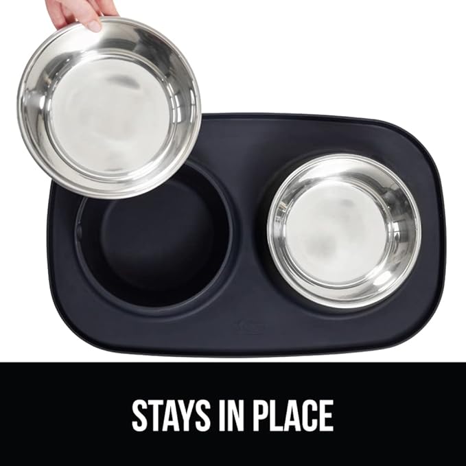 GORILLA GRIP Feeding Mat Set, 4 Cup, Patent Pending 100% Waterproof BPA Free Silicone, Stainless Steel Cat and Dog Bowls, Slip Resistant, High Edges Catch Water Food, US Designed Pet Accessories Black