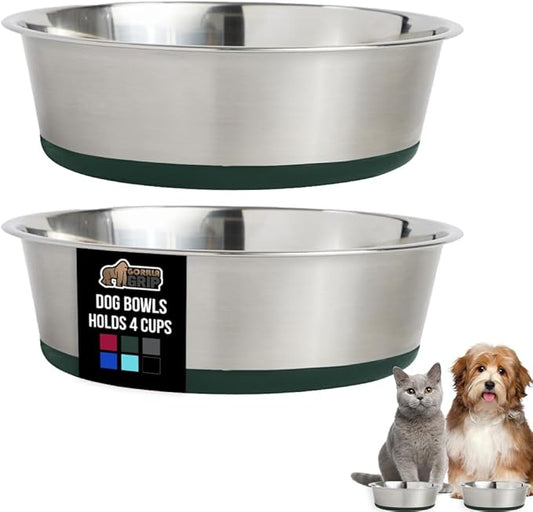 GORILLA GRIP Set of 2 Dog Bowls, Holds 4 Cups (32 fl oz), Heavy Duty Metal Food and Water Bowl for Feeding Dogs and Cats, Dishwasher Safe, Rust Resistant Stainless Steel, BPA Free Rubber Base, Green